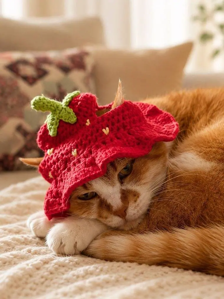 Chat portant le Bonnet Fraise