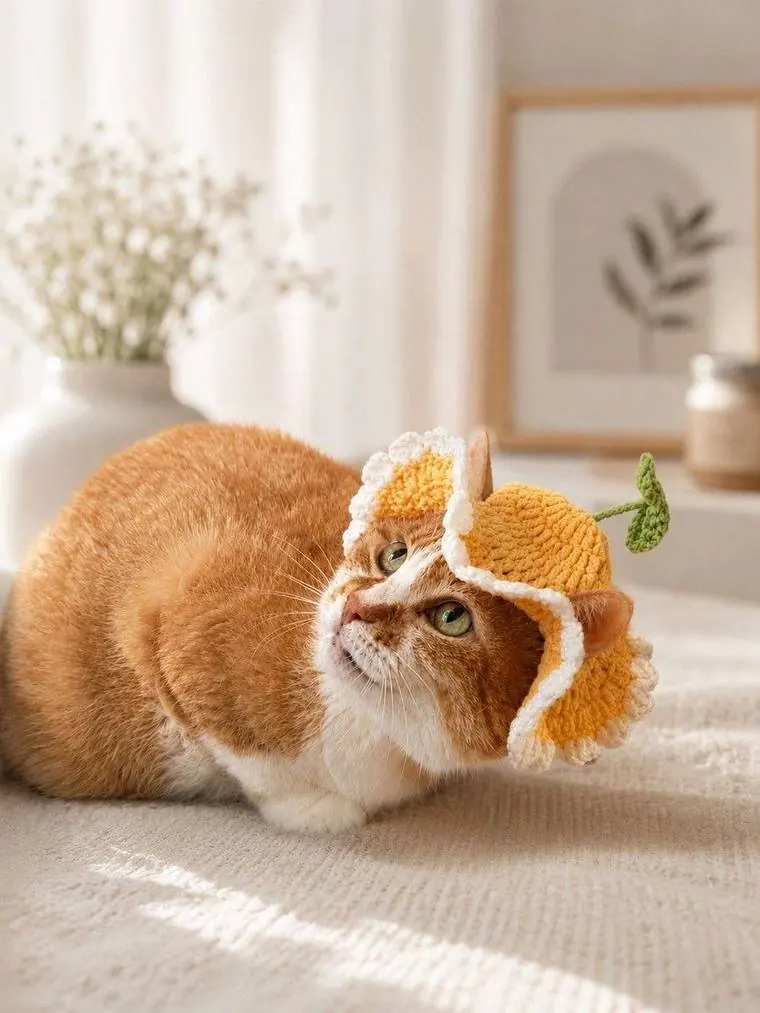 Chat portant le Bonnet Jaune Fleur