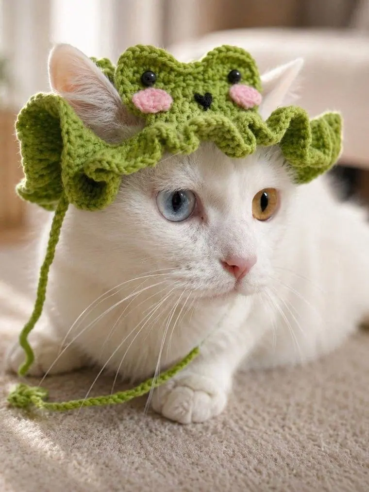 Chat blanc portant le Bonnet Grenouille