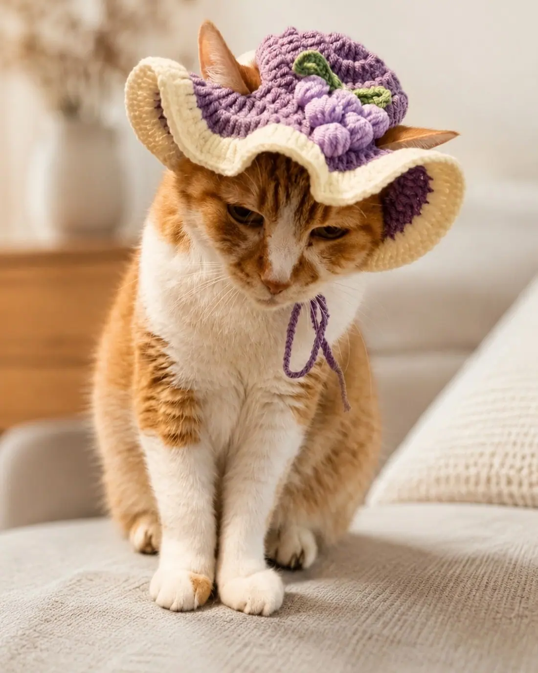Chat roux portant un bonnet tricoté en forme de grappe de raisin